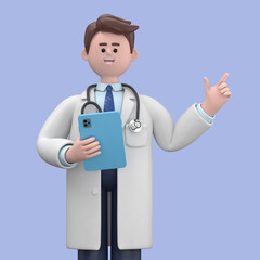 3D illustration of Male Doctor Lincoln holding tablet and pointing finger at direction. Cute cartoon smiling attractive businessman using social networking and working in office application.
