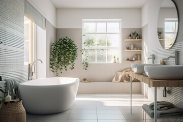 Fototapeta na wymiar Modern bathroom with big window, super photo realistic background. Generative ai illustration