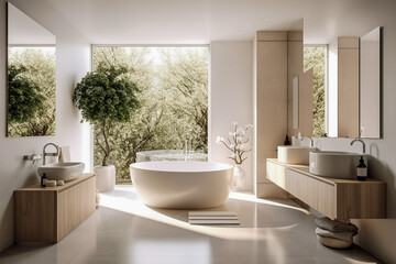 Naklejka na ściany i meble Modern bathroom with big window, super photo realistic background. Generative ai illustration