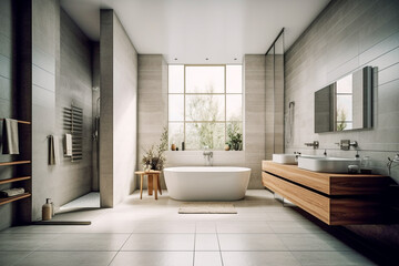 Obraz na płótnie Canvas Modern bathroom with big window, super photo realistic background. Generative ai illustration