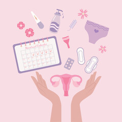 Women hold uterus,menstrual cup, tampon, pregnancy test, smartphone , menstrual calendar application, app for menstruation periods, female hands, flowers, hand drawn vector illustrations