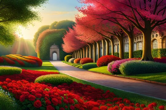 garden with flowers and trees Generated AI