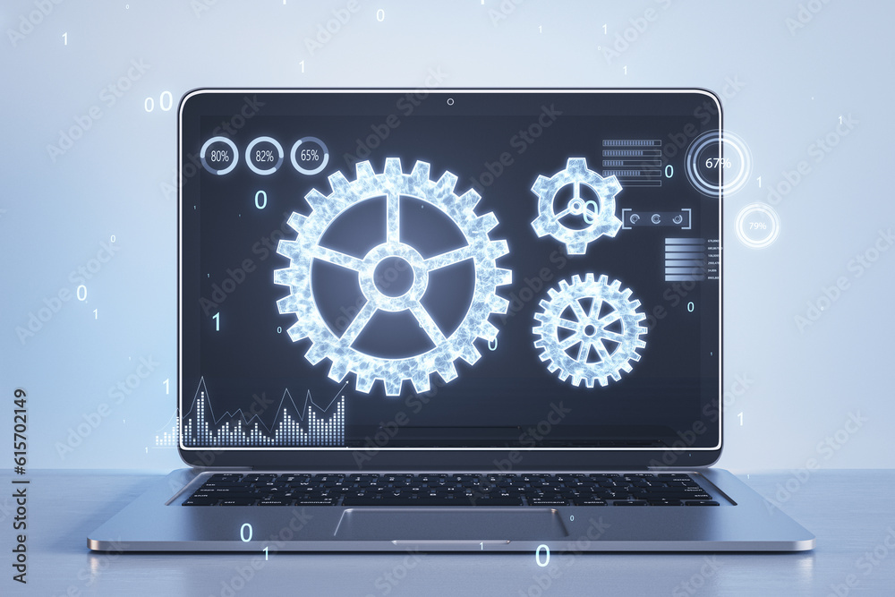 Poster creative laptop with glowing binary code cogwheel on screen. blurry light background. adjusting app,
