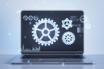 Creative laptop with glowing binary code cogwheel on screen. Blurry light background. Adjusting app, setting options, maintenance, repair, fixing. 3D Rendering.