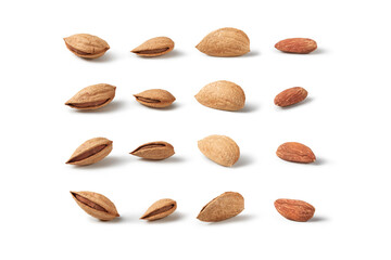 Almond nuts, shelled and hulled on white background.