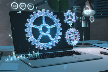 Creative laptop with glowing binary code cogwheel on screen. Blurry office workplace background. Adjusting app, setting options, maintenance, repair, fixing. 3D Rendering.