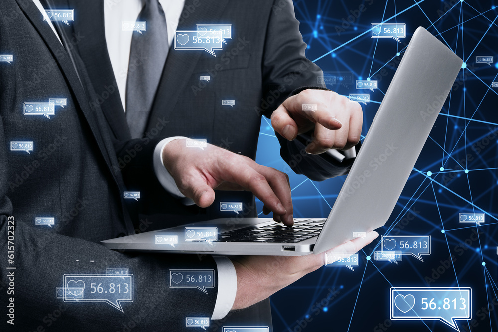 Poster Concept of network and internet communication. Close up of businessmen hands using laptop with creative polygonal likes network on blurry background. Double exposure.
