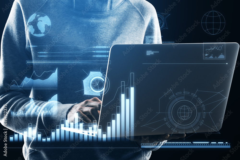 Poster Close up of hacker hands using laptop with business charts hologram on blurry background. Military control, world economy and finances virtual diagram. Double exposure.