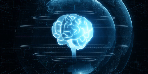 Digital brain illustration on dark blue background, artificial intelligence and futuristic technology concept. 3D Rendering