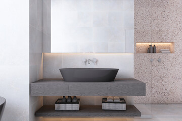 Front view of light modern bathroom interior design with tiles stone walls and black sink. 3D Rendering