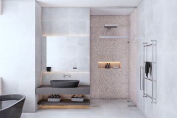 Front view of modern bathroom interior design with shower, tiles grey floor and stone walls, black...