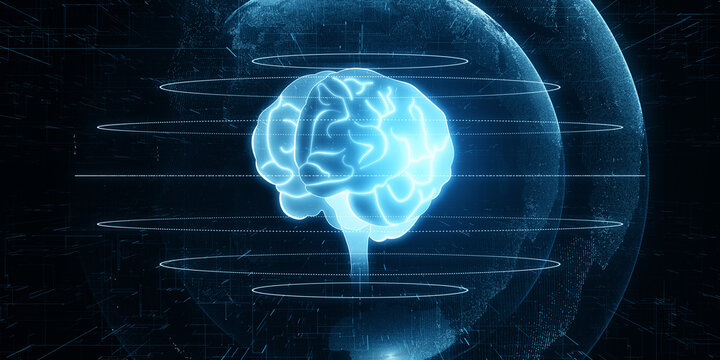 Digital brain illustration on dark blue background, artificial intelligence and futuristic technology concept. 3D Rendering