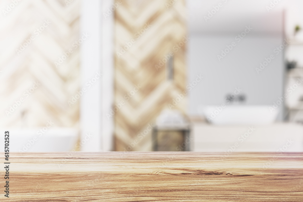 Poster front view of empty wooden table top in bathroom interior with blurred background, product presentat