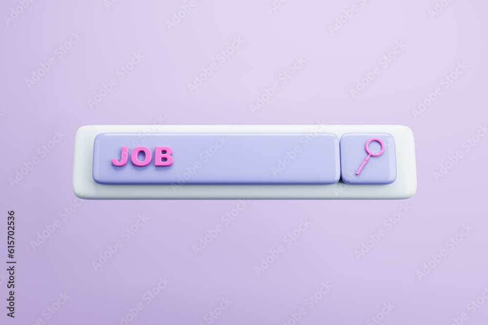 Poster Creative digital search bar with magnifier on purple backdrop. SEO and job search concept. 3D Rendering.