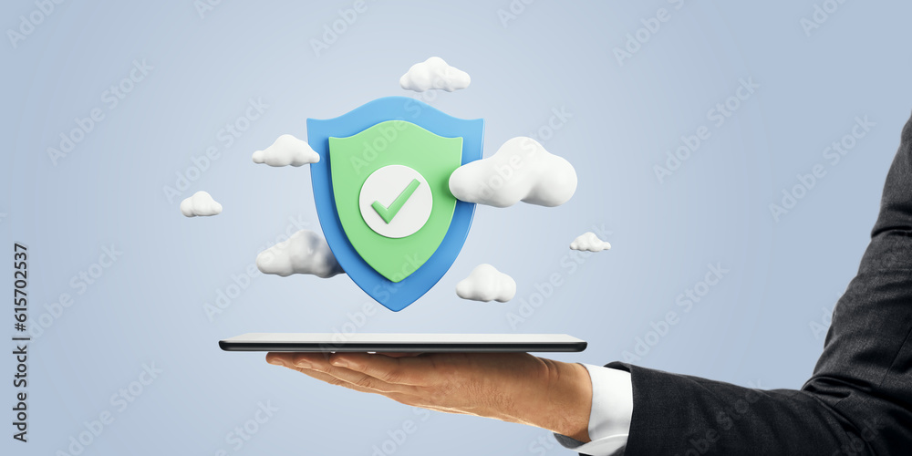 Poster close up of businessman hand holding cellphone with digital shield and clouds on light background. s