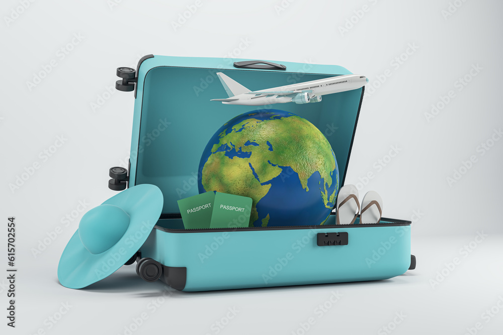 Poster abstract image of suitcase filled with airplane, globe and beach items on white backdrop. summer vac