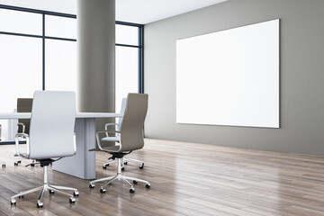 Modern spacious meeting room interior with blank white mock up banner on wall, white chairs, wooden parquet flooring and panoramic window with city view. 3D Rendering.