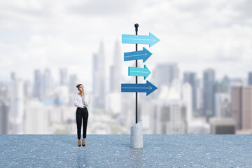 Choice, professional decision and changes concept with pensive woman on the roof near signpost with blue arrows different direction on city skyline background - obrazy, fototapety, plakaty