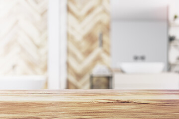 Front view of empty wooden table top in bathroom interior with blurred background, product presentation concept, mockup. 3D rendering