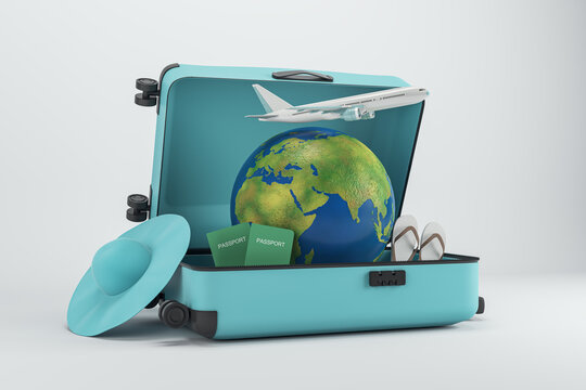 Abstract image of suitcase filled with airplane, globe and beach items on white backdrop. Summer vacation, tour agency and travel concept. 3D Rendering.
