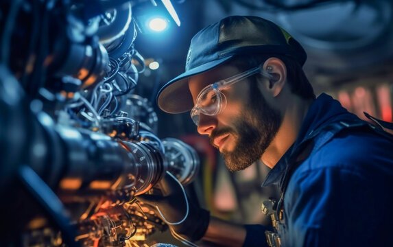 Aerospace engineer inspects the turbine reactors of the spacecraft that will take man to Mars