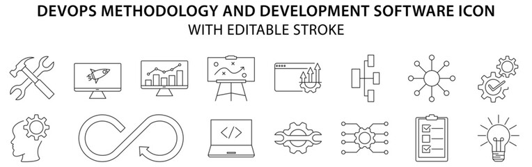 Devops methodology and development software icon set. Set icon of Devops methodology and software development. vector illustration. editable stroke.