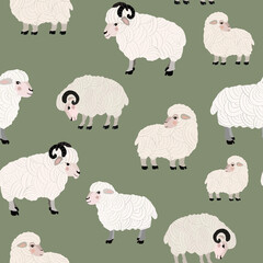 Cute pattern with cartoon sheep on green background. Endless texture.