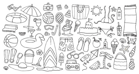 Vector beach activity doodle set, isolated on white, outline colouring book page, summer vacation accessory collection