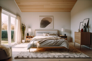 Modern bedroom with big window, super photo realistic background. Generative ai illustration