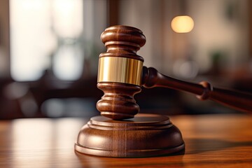 Judge's hammer on wooden table background justice concept