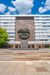 Chemnitz, Saxony, Germany – May 29, 2023: Famous huge statue of Karl Marx head, communist...