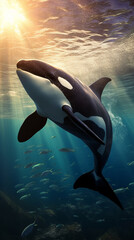 Obraz premium Generative AI Killer whale swimming in the deep blue ocean. 3d render