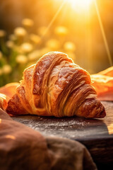 drink breakfast tea croissant food table morning cup background background bokeh bakery. Generative AI.
