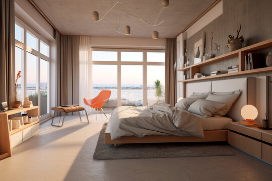 Modern bedroom with big window, super photo realistic background. Generative ai illustration