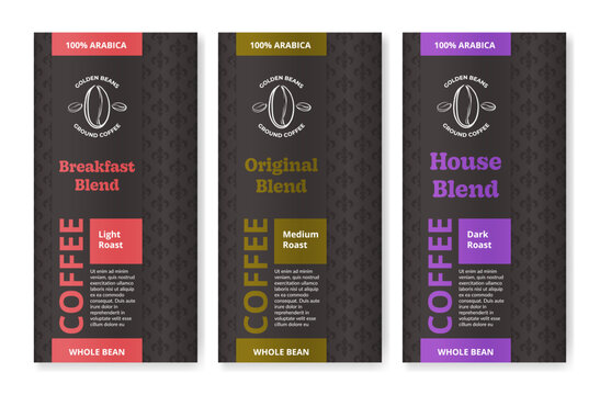 Coffee blend arabica light medium dark roast whole bean label pack sticker template set vector