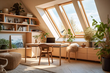 Modern home office with big window, super photo realistic background. Generative ai illustration