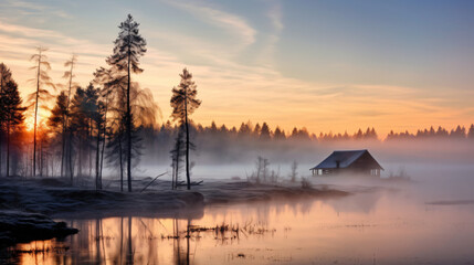 Fototapeta na wymiar Misty morning in eastern Finland