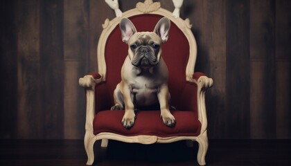 French Bulldog puppy dog on the chair wearing Christmas attire. Generative ai