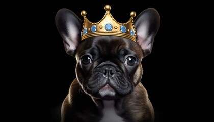 French Bulldog puppy dog wearing a golden crown. Generative ai