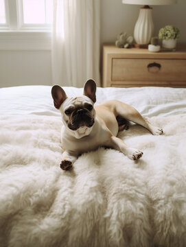 French Bulldog laying on a white bed in a bedroom. Generative ai