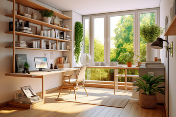Fototapeta na wymiar Modern home office with big window, super photo realistic background. Generative ai illustration