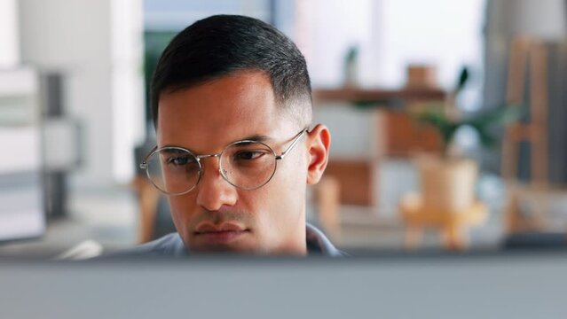 Computer, business man and thinking with data analytics and reading in a office. Internet research, digital work and professional working on tech for a website design project and online strategy