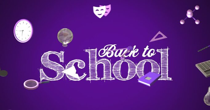 Animation of education icons with back to school text over purple background
