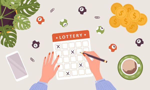 Lottery game. Female hand drawing crosses on ticket with pen. People are gambling. Top view with balls and coins. Girl wants to win cash prize. Vector illustration in flat cartoon style.
