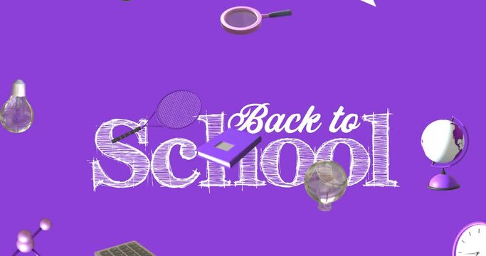 Animation of education icons with back to school text over purple background
