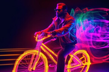 Naklejka na ściany i meble Colorful Neon Bike: Energetic Cycling Adventure of a Stylish men with Sunglasses, Generated AI