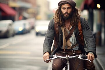Fototapeta na wymiar Attractive Man with Long Hair Riding Bike in Urban Scene - Hipster Deity, Generated AI