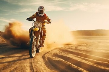 Naklejka na ściany i meble Person Riding a Dirt Bike in Desert - Extreme Sports Photography