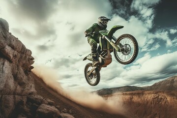 Fototapeta na wymiar Radical Motocross Jump with Emotion and Movement in Canyon