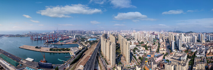 Fototapeta na wymiar Aerospace Qingdao Coastline City Landscape Panorama Map